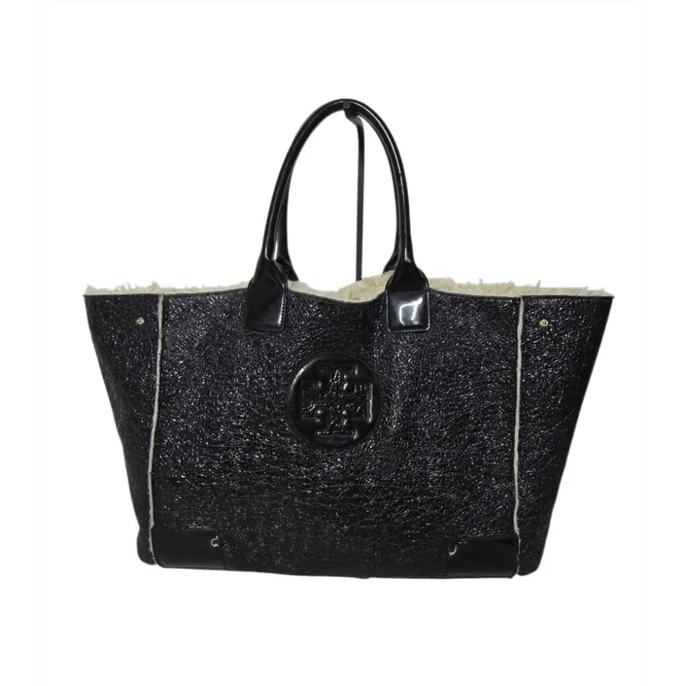 Tory Burch Black Shearling Tote Patent Leather Logo Large Shoulder Bag